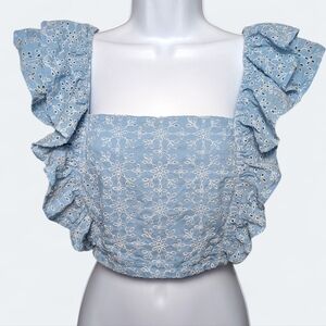 BCBGeneration Light Blue Eyelet Embroidered Ruffle Crop Top Romantic Cottagecore